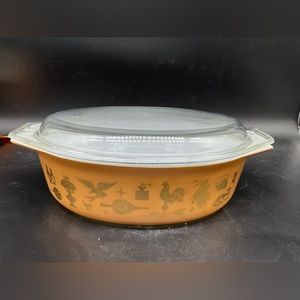 Pyrex oval EARLY AMERICAN gold eagle on brown casserole